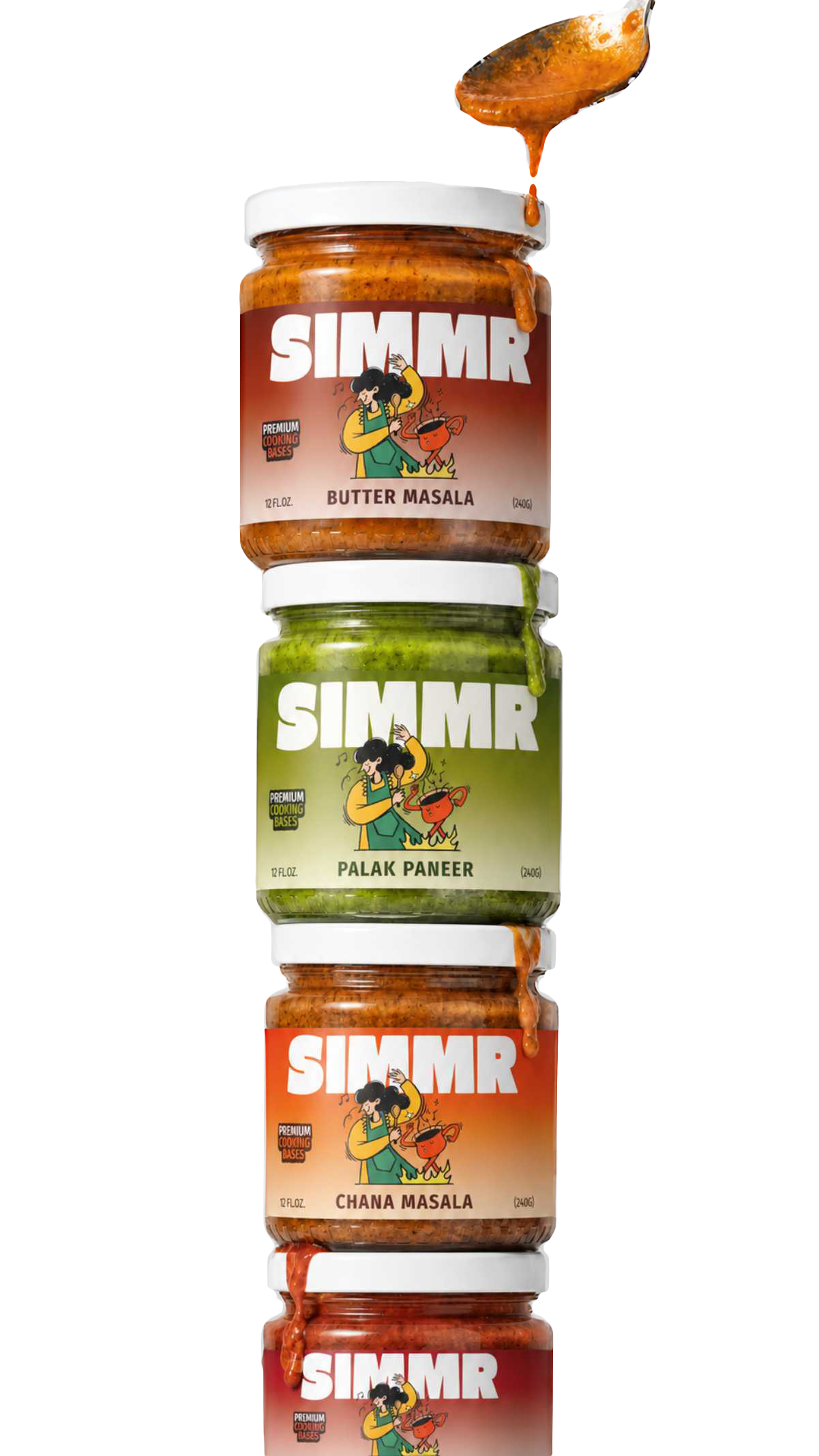 A stack of SIMMR cooking base jars — Butter Masala, Palak Paneer, and Chana Masala — with a spoonful of sauce drizzling on top
